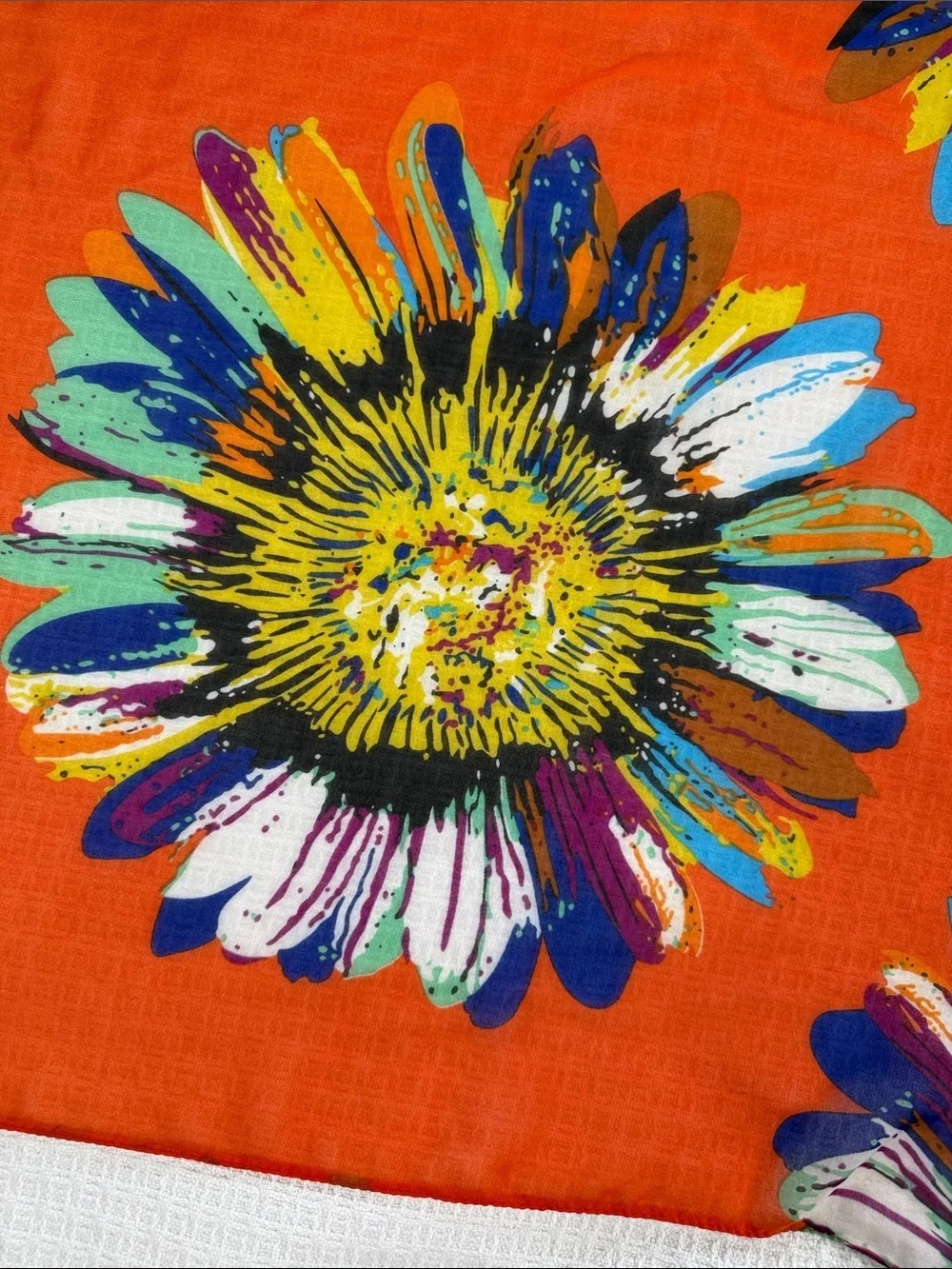 Colorful orange daisy print sheer scarf